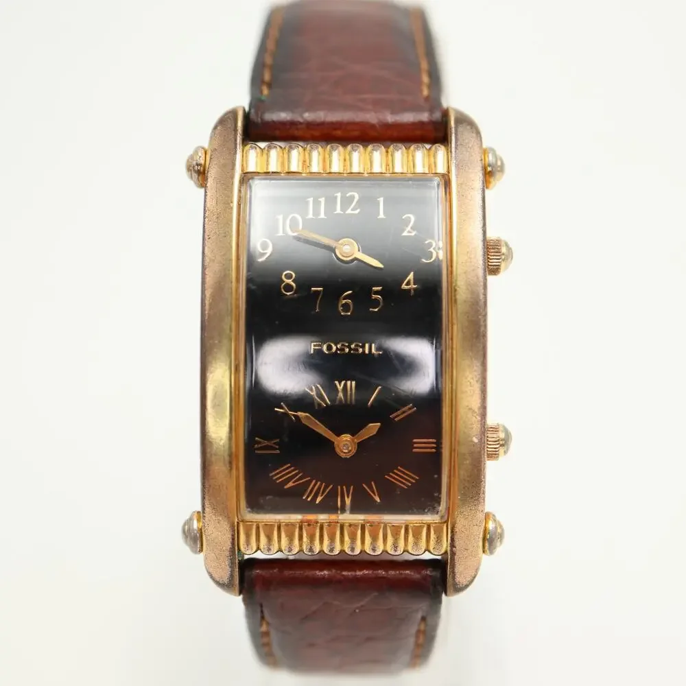 Vintage Fossil Dual Time 25mm Tank Watch Gold Tone Curved Black Dial New Battery